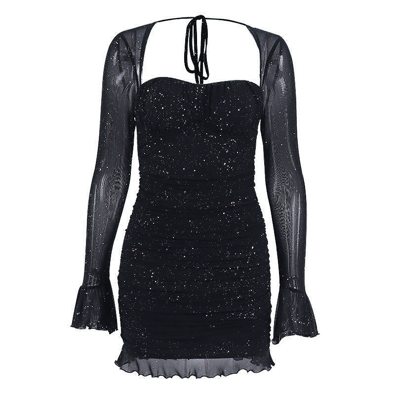 Sexy See-through Steel Ring Sequin Gauze Long Sleeve Dress