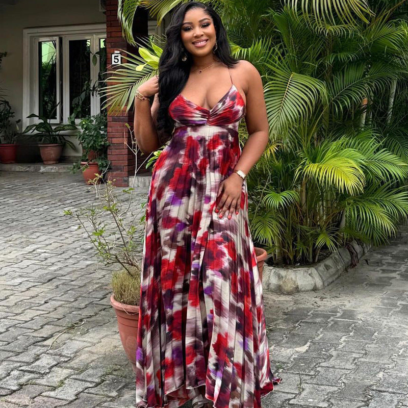 Printed Pleated Suspender Long Skirt