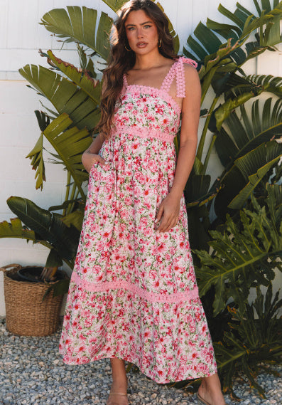 Floral Lace Tied Strap Empire Waist Maxi Dress