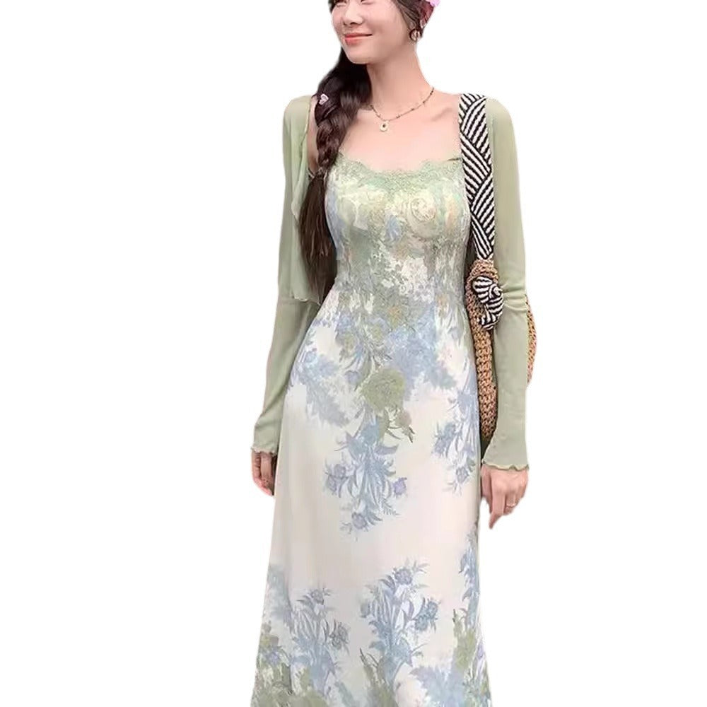 Retro Jacquard Dress Women's Summer Cardigan Suspender Skirt Two-piece Set