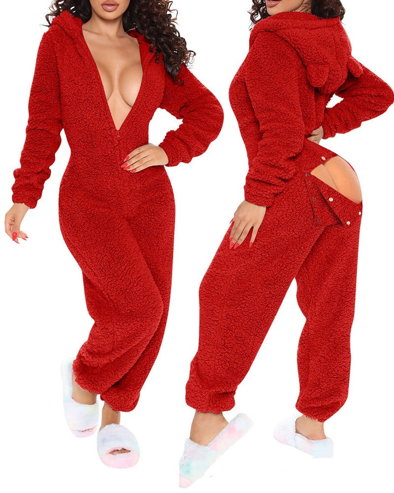 Long Sleeve Hooded Trousers Plush Homewear Pajamas Jumpsuit