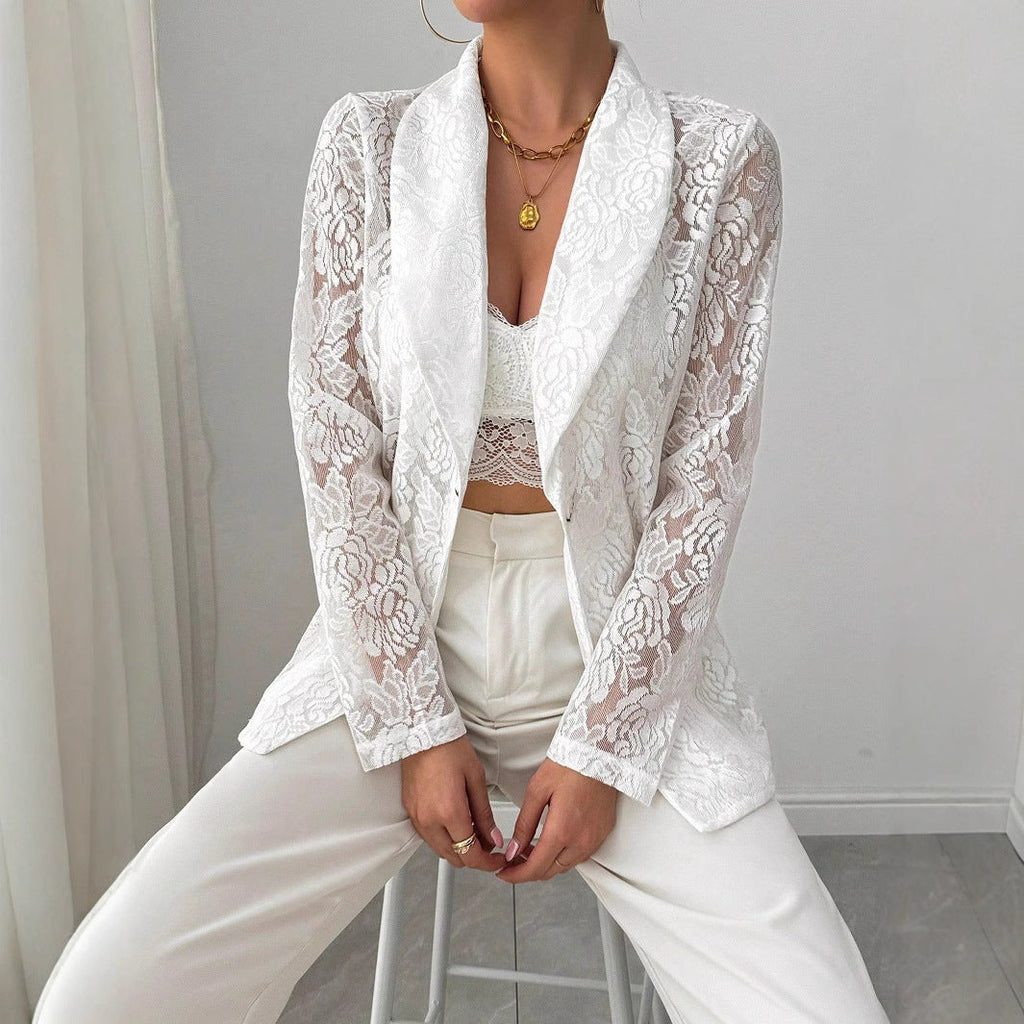 Lace Embroidery White Casual Blazer Women