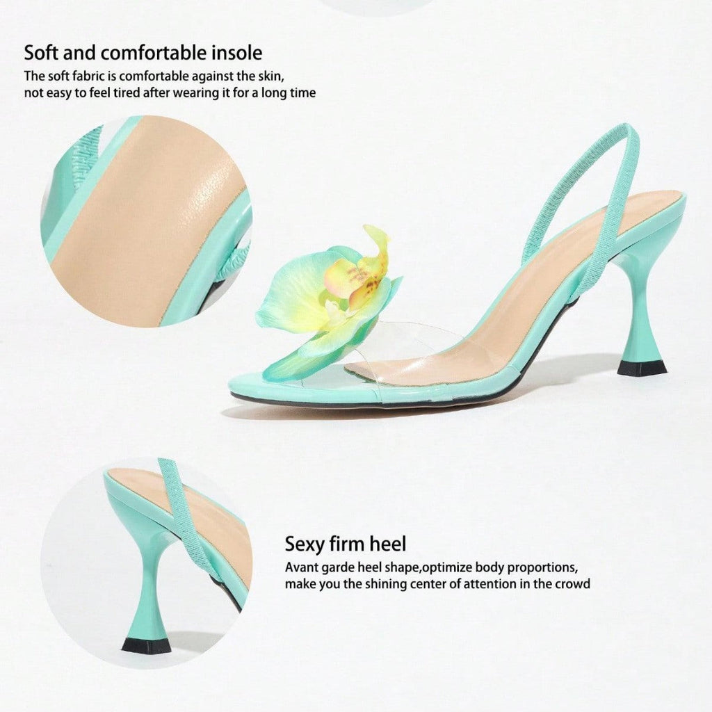 Women's Round Toe Three-dimensional Flower Back Strap Stiletto Heel Sandals