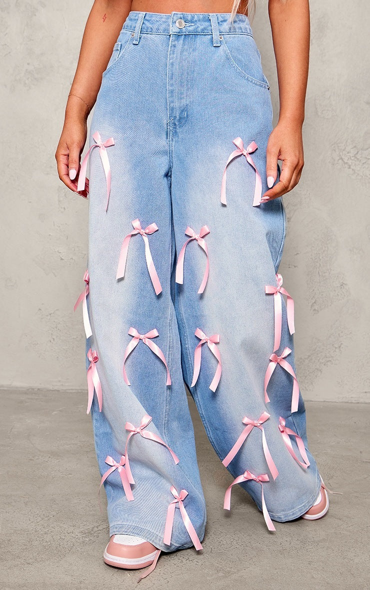 Pink Bow High Waist Wide Leg Jeans