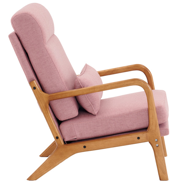 High Back Solid Wood Armrest Backrest Iron Frame Linen Indoor Leisure Chair Pink
