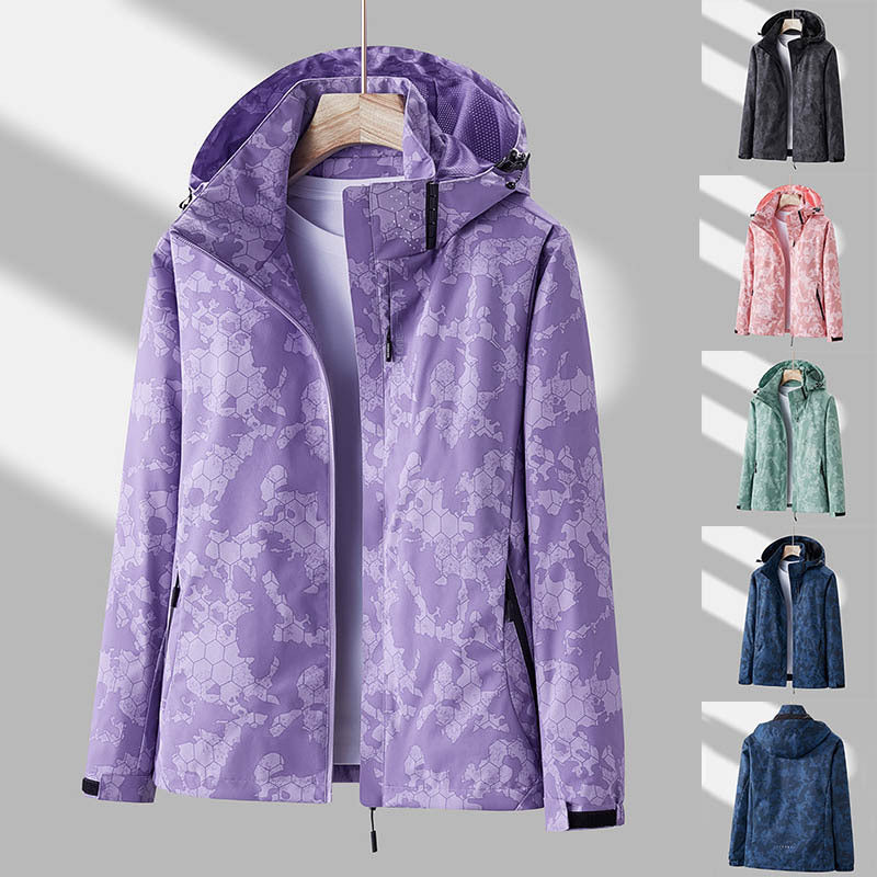 Printed Hooded Windbreaker - Solid Color Zip-up Jacket Waterproof Windproof Outwear