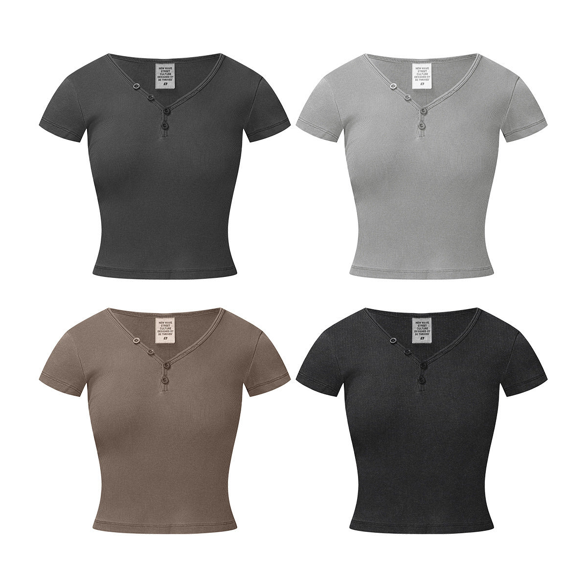 Retro Design Hot Girl Slim Top Button V-neck Shoulder Short Sleeve