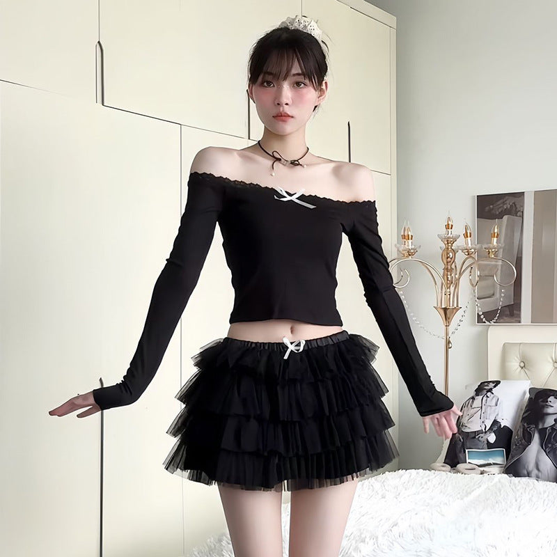 Off-shoulder Lace Edge Long-sleeved Top Ins Pure Desire Style Fashion Short Bow T-shirt For Women