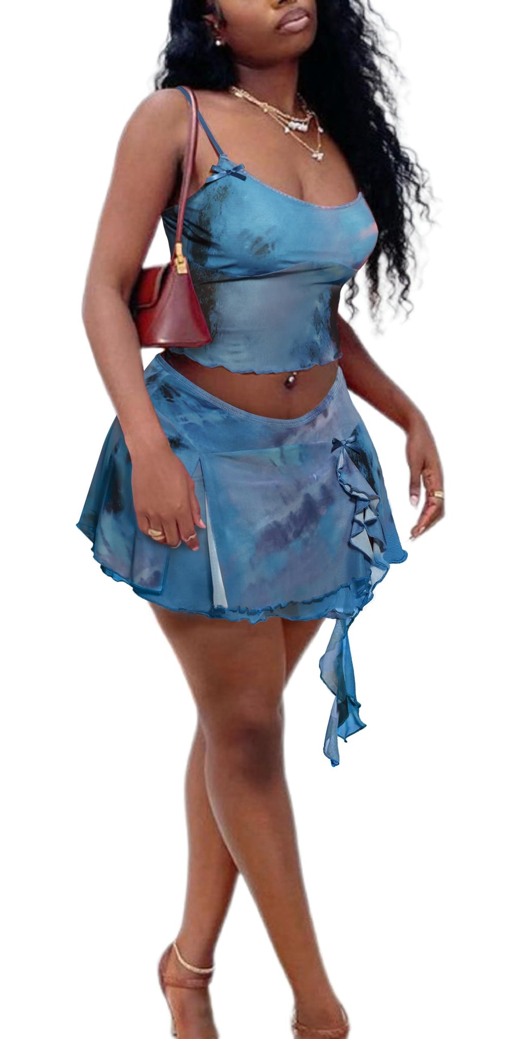 Womens Sexy 2 Piece Club Outfits Set Floral Print Camisole Crop Top Mini Skirt with Slit