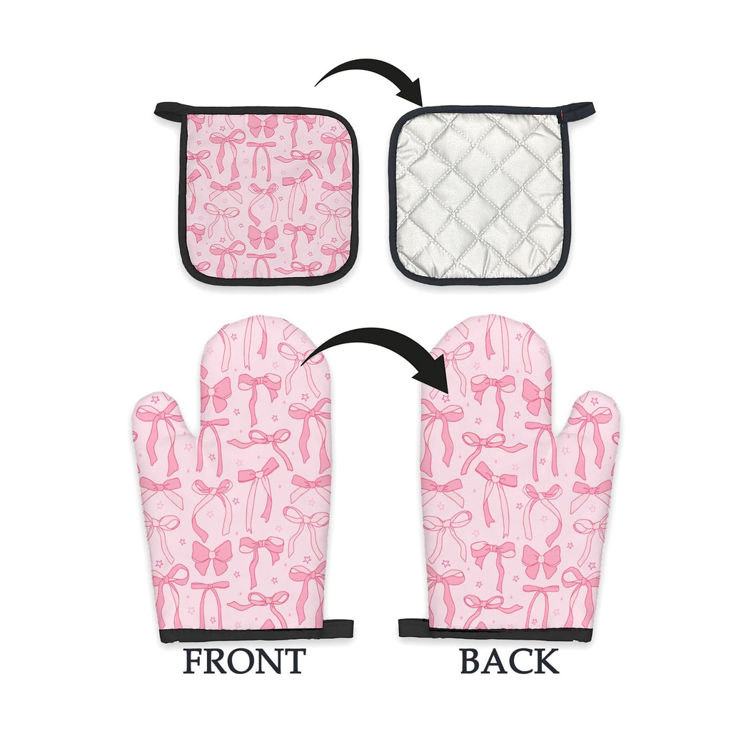 Pink Bow Coquette Decor Oven Mitts and Pot Holders Sets
