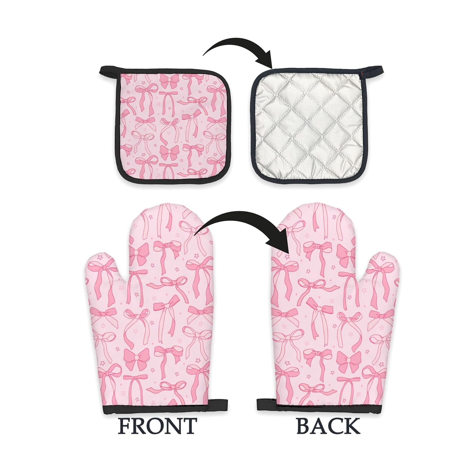 Pink Bow Coquette Decor Oven Mitts and Pot Holders Sets