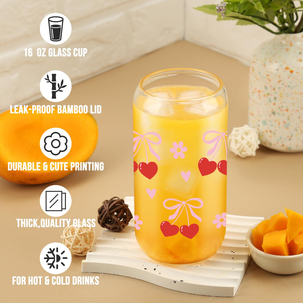 Cherry Bow Cup, Birthday Gifts for Women, Girly Gifts for Her, Sister, Mom, Colleague - 16 OZ Glass Tumbler with Straw & Lid, Coquette Iced Cup