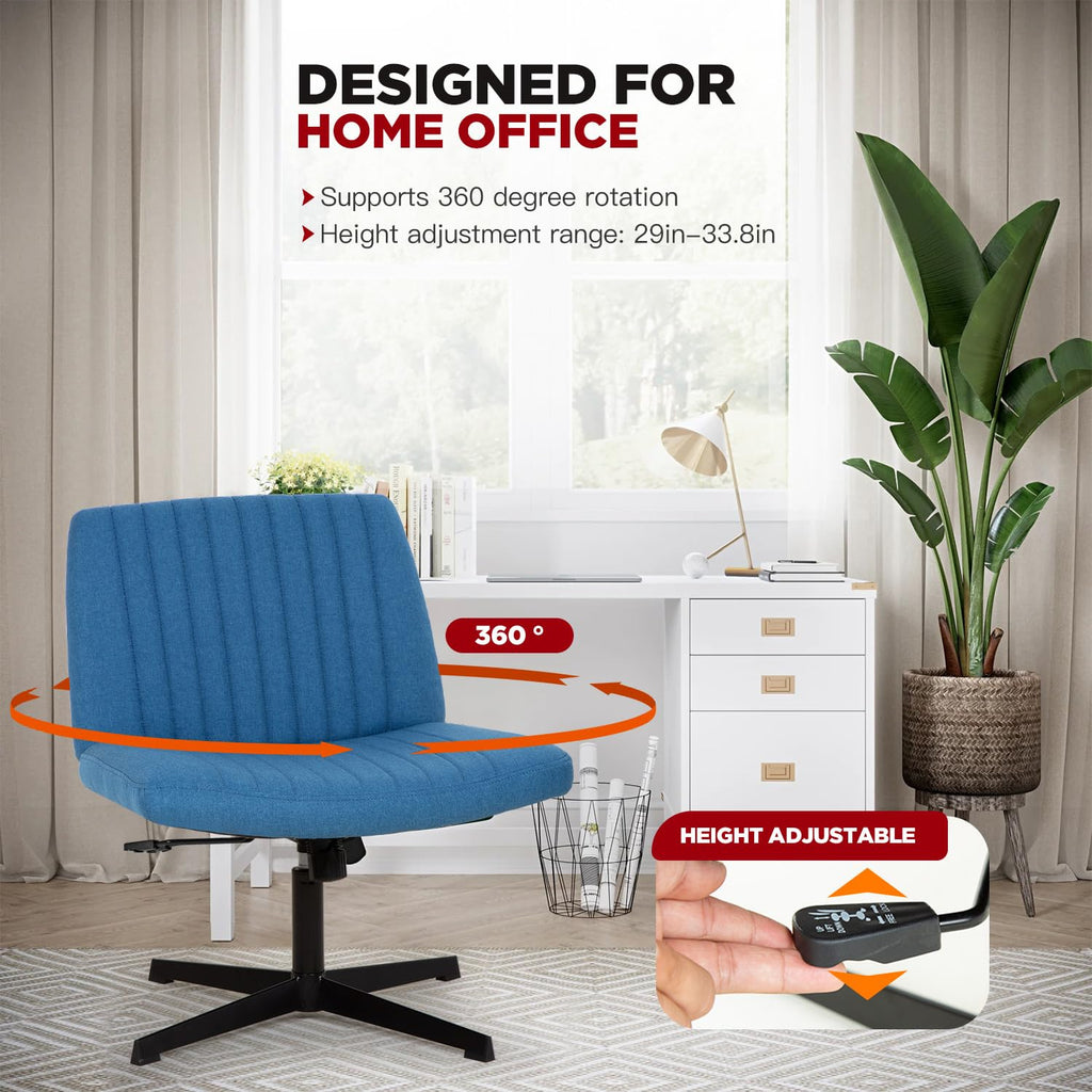 Criss Cross Chair, Armless Cross Legged Wide Comfty Desk Chair with No Wheels Modern Height Adjustable, Swivel Fabric Vanity Chair