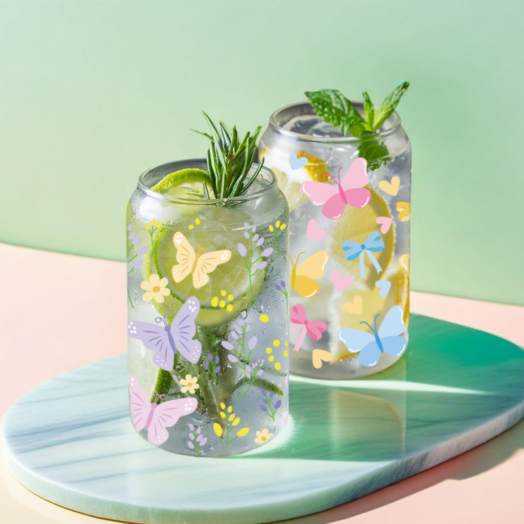 Cute 16oz Glass Cups with Lids and Straws, 2 Pack