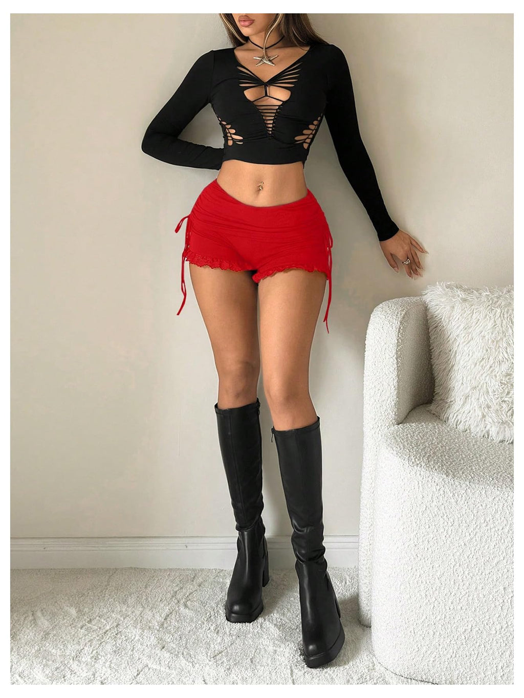 Women's Side Drawstring Lace Ruffle Shorts Y2K Ruched Low Rise Mini Stretchy Slim Fit Micro Shorts