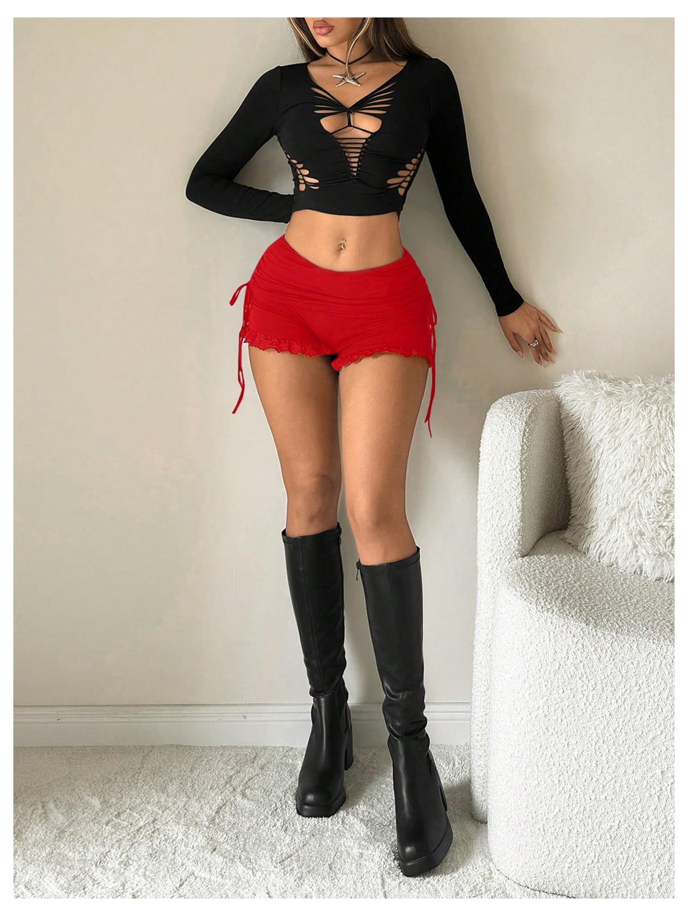 Women's Side Drawstring Lace Ruffle Shorts Y2K Ruched Low Rise Mini Stretchy Slim Fit Micro Shorts