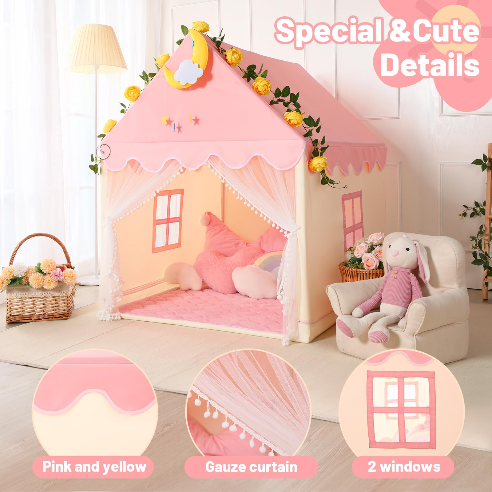 Kid Tent with Mat, Star Lights - Kids Play Tents for Toddlers Kids Tents Indoor Playhouse - Princess Tent for Girls Toy House