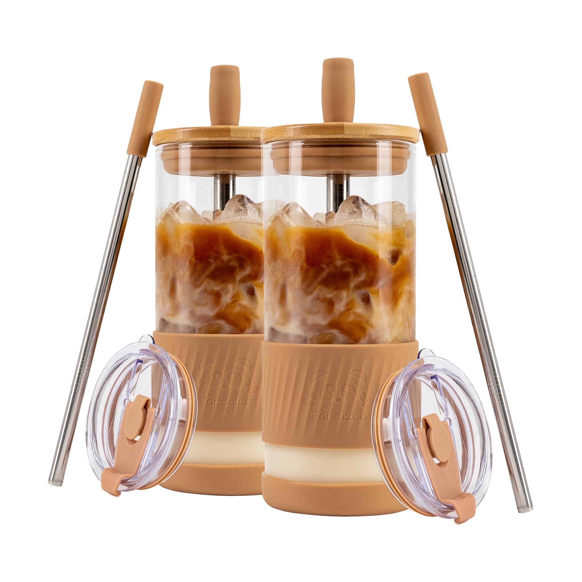 Pandaloo® Glass Cups With Lids and Straws -20 Fl Oz- Perfect Size Iced Coffee Cup - Smoothie Cup With Bamboo Lid and On the go Lid - Glass Tumbler With Straw