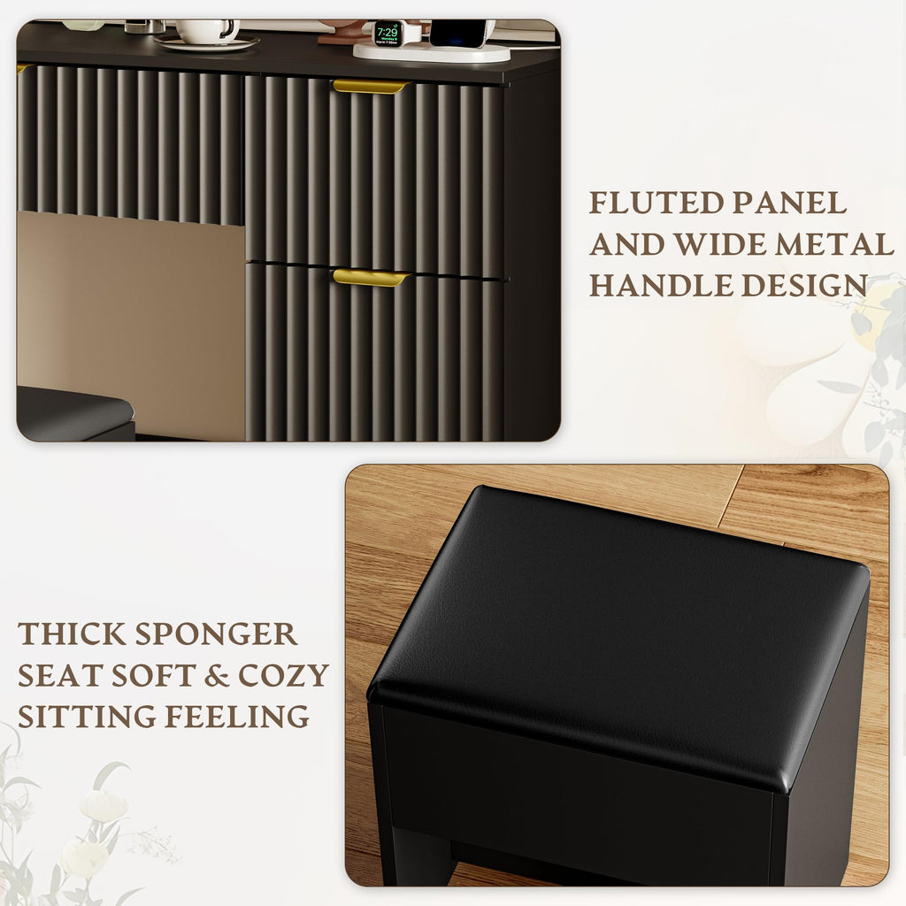 Makeup Vanity Desk with Mirror, Fluted Panel, Large LED Mirror, 3 Lighting Modes & Adjustable Brightness, Charging Station, Dressing Table with Stool