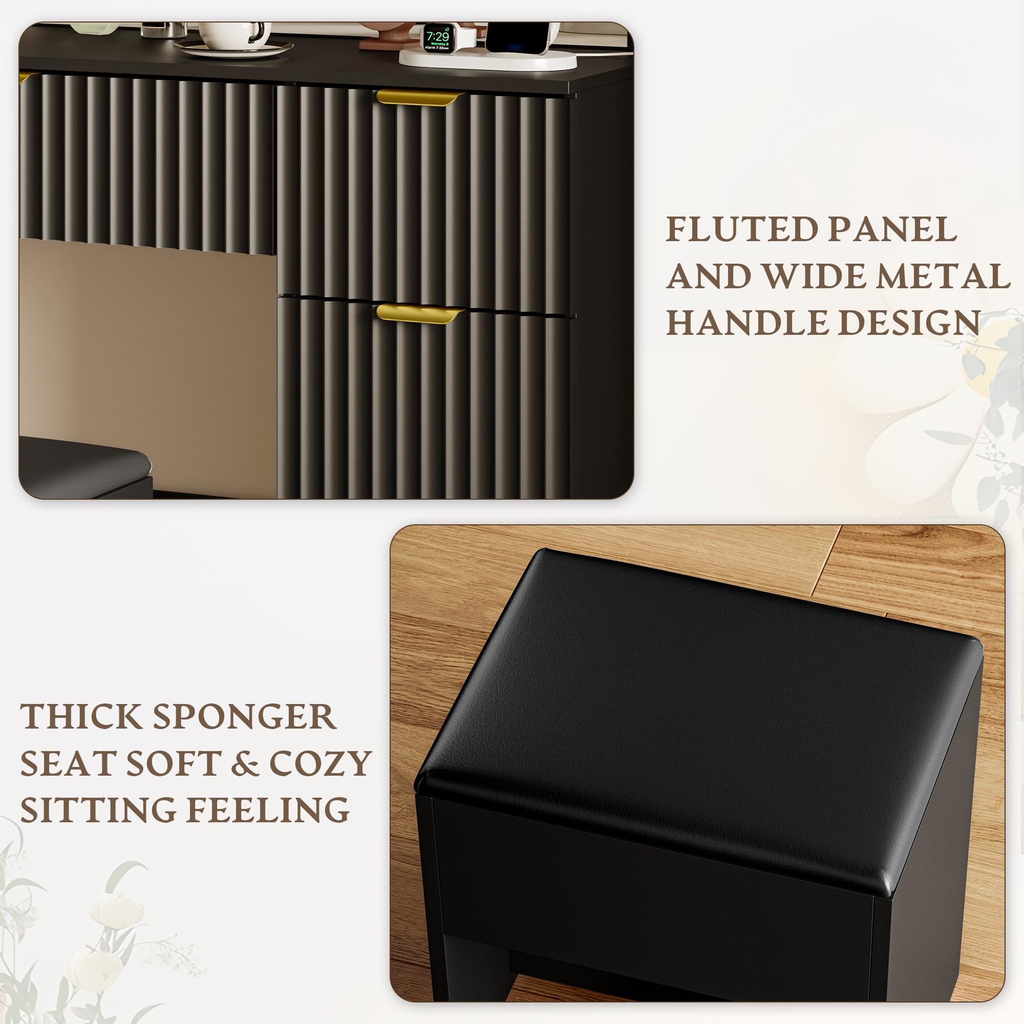 Makeup Vanity Desk with Mirror, Fluted Panel, Large LED Mirror, 3 Lighting Modes & Adjustable Brightness, Charging Station, Dressing Table with Stool