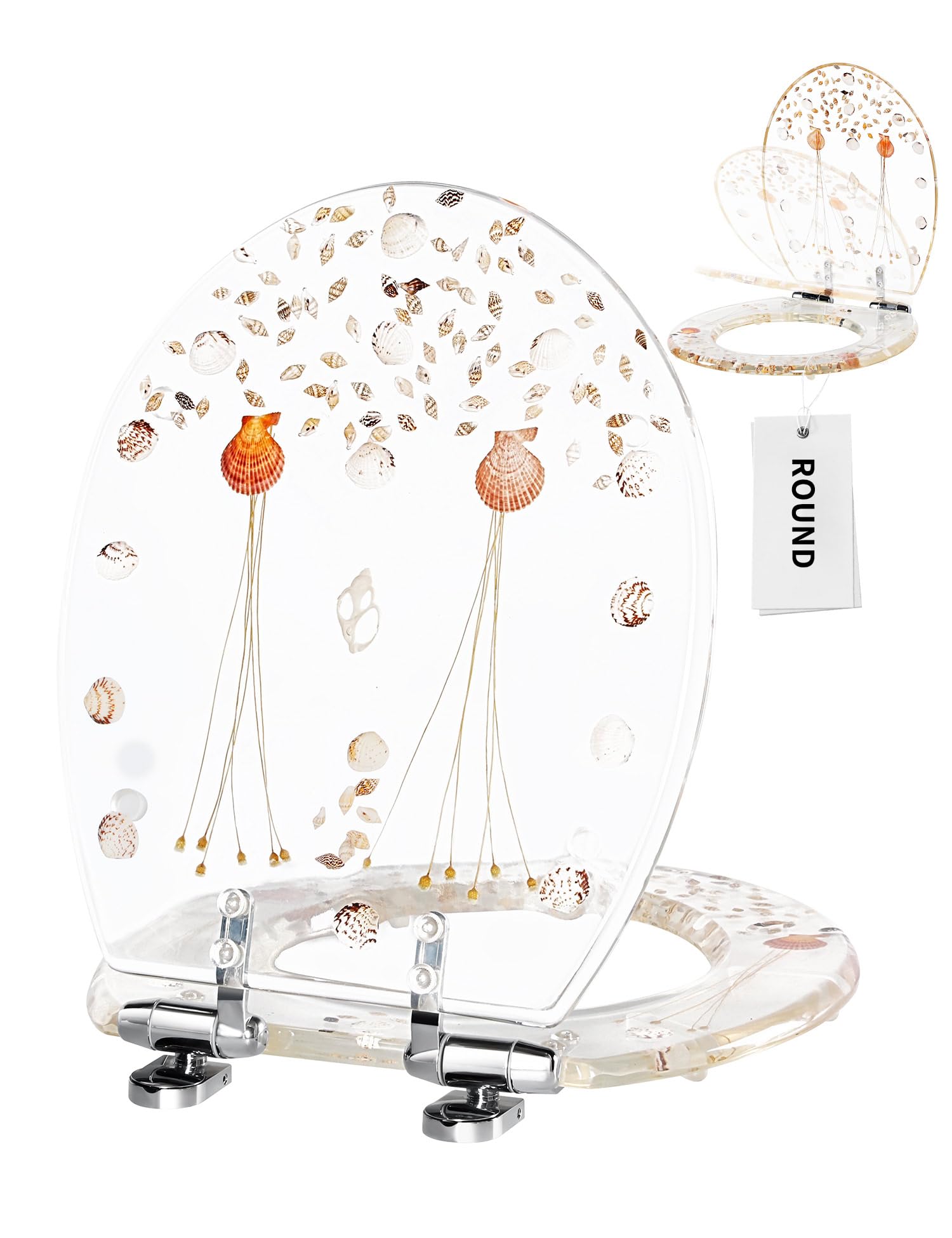 Round Resin Toilet Seat Glitter Soft Close Quick Release Metal Zinc Alloy Hinge Easy to Install also Easy to Clean, Decorative Acrylic Seats (17 Inch)