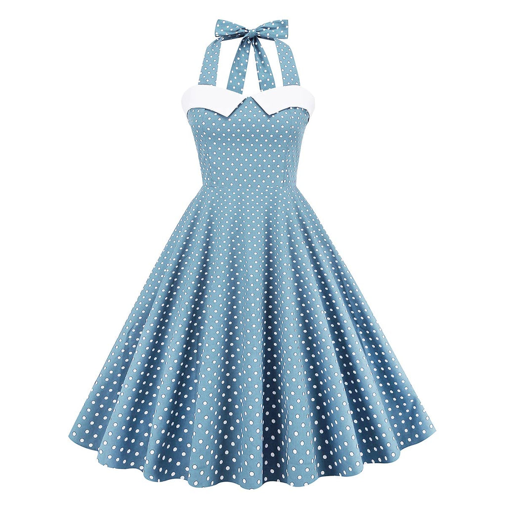 Vintage Women 1950s Rockabilly Swing Dress Pinup 50s Retro Hepburn Style Halterneck A-Line Dresses