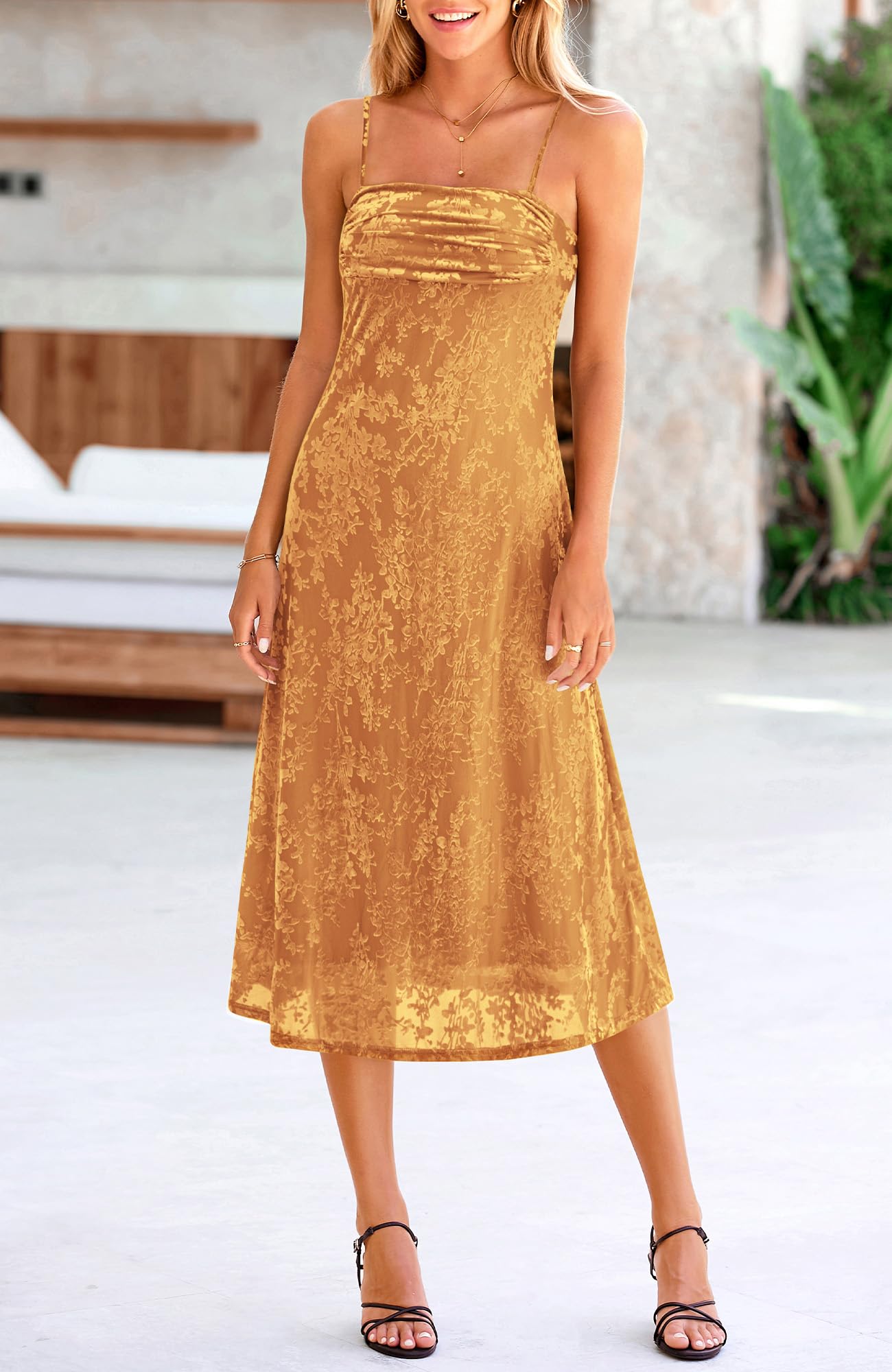 Women's Sleeveless Spaghetti Strap Midi Sexy Cowl Neck Floral Dress