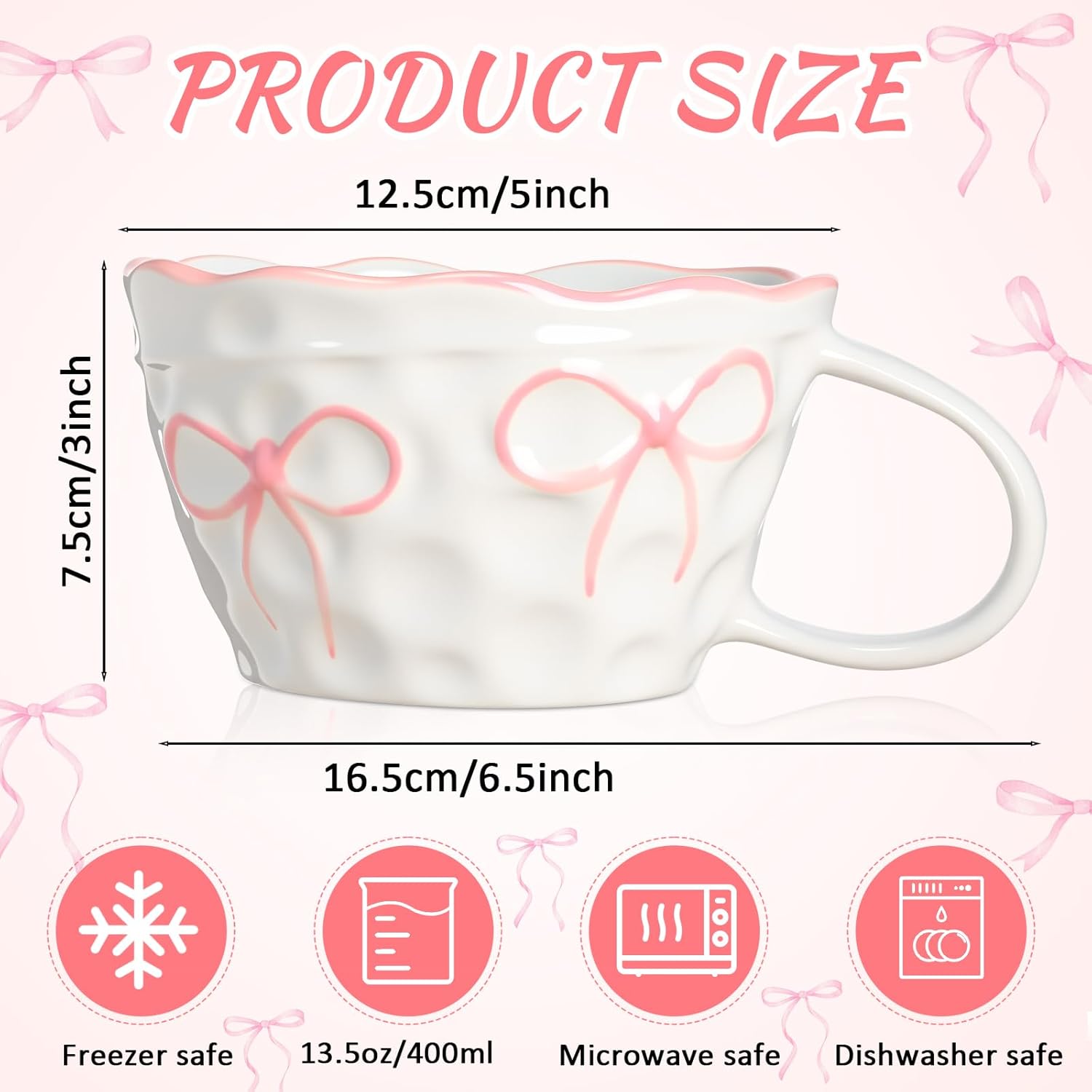 Pink Bow Mug 13. 5 Oz/ 400 ml Pink Coquette Bow Coffee Mug Preppy Aesthetic Ceramic Cup with Handle