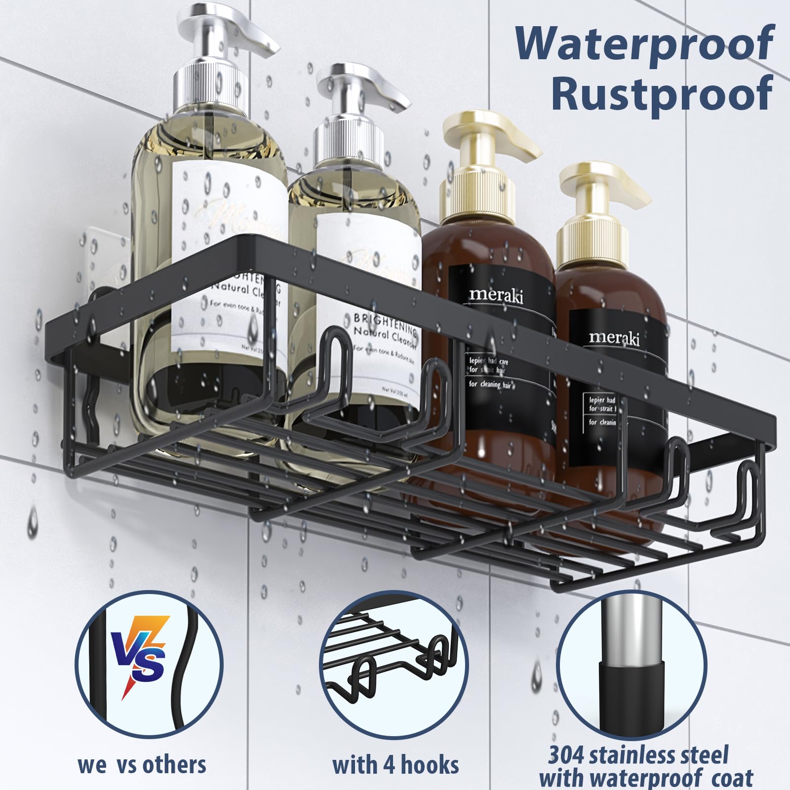 Shower Caddy Organizer Rack Shelf for Inside Shower, Adhesive Bathroom Wall Storage Basket Rustproof Stainless Steel