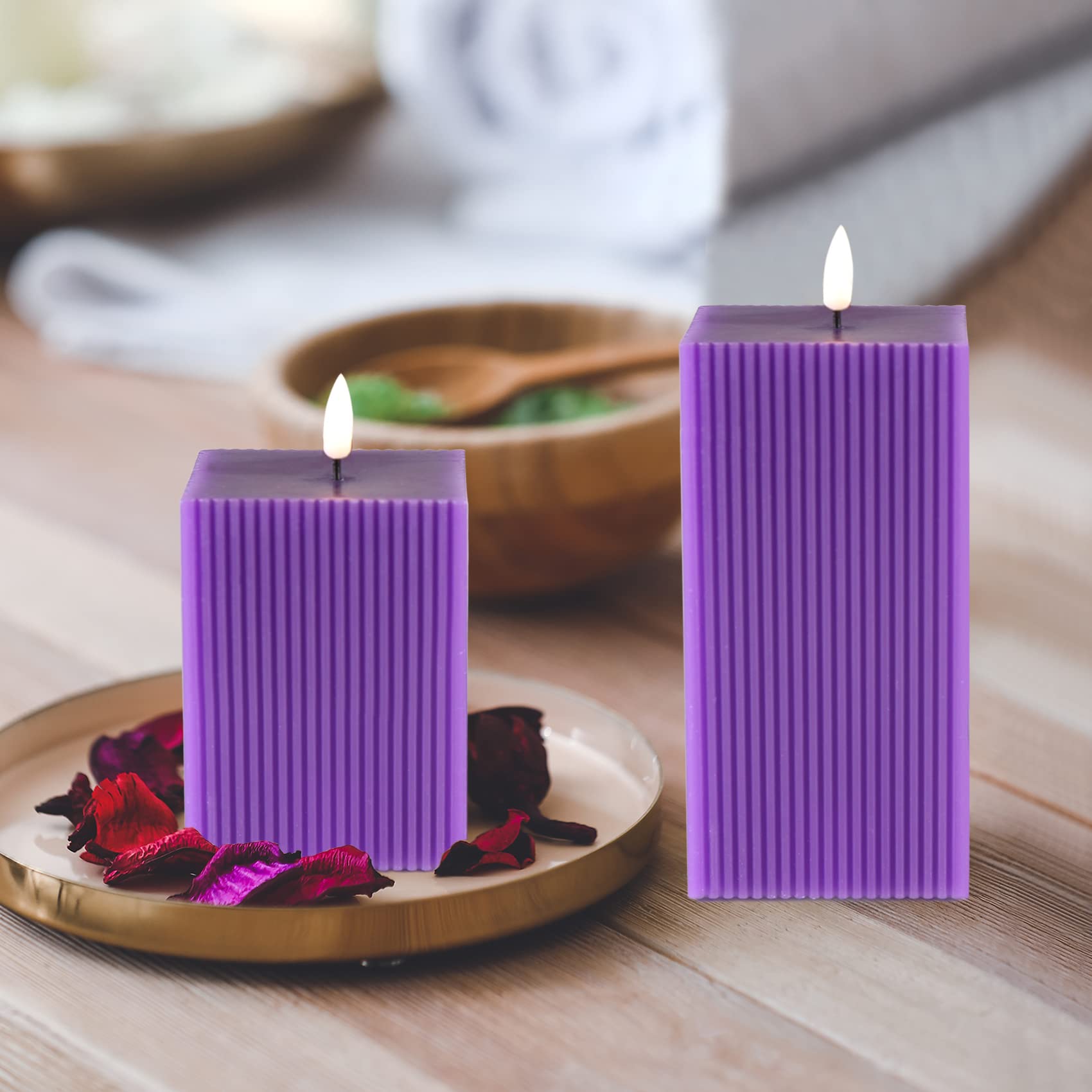 Square Ribbed Flameless Candles with Remote, Flickering Real Wax Battery LED Candles 3" H 4" 6"