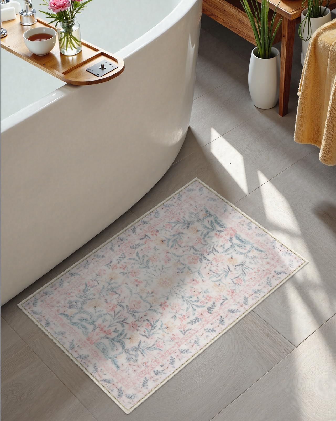 New Boho Floral Bath Rugs, Non Slip Washable Bathroom Rugs Fit Under Door, Ultra Soft and Absorbent Bath Mat