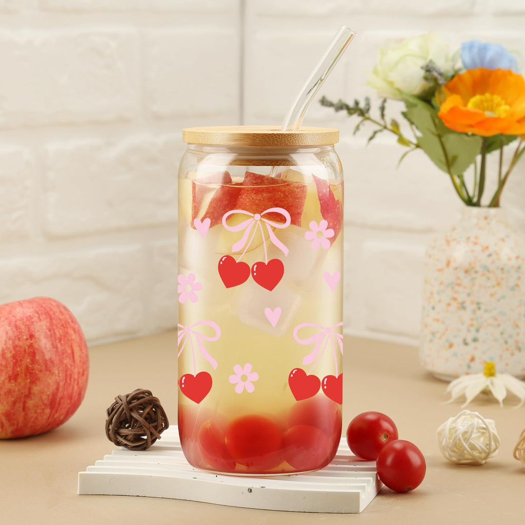 Cherry Bow Cup, Birthday Gifts for Women, Girly Gifts for Her, Sister, Mom, Colleague - 16 OZ Glass Tumbler with Straw & Lid, Coquette Iced Cup