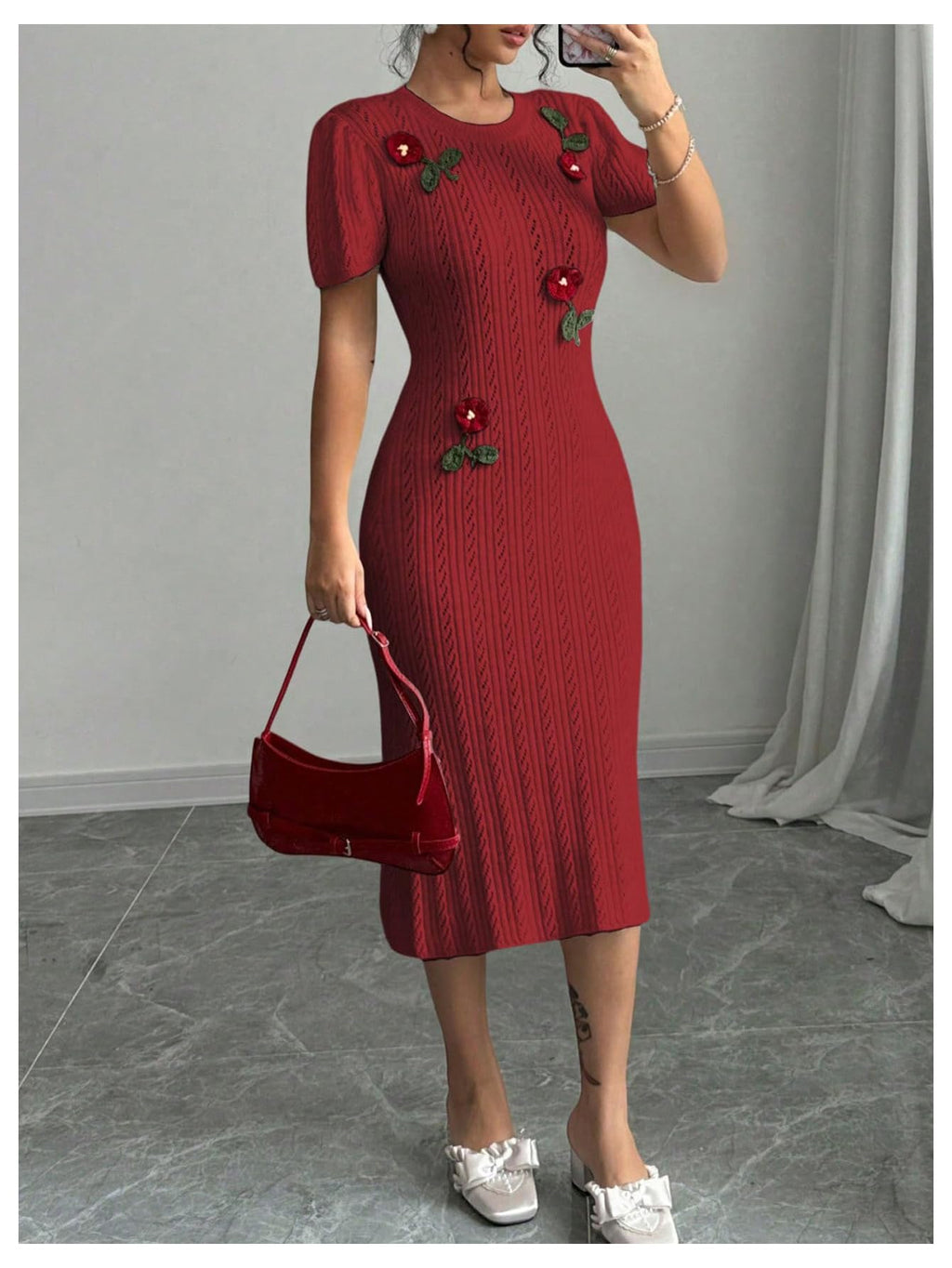 Women's 3D Flower Sweater Dress Crochet Short Sleeve Bodycon Mini Dresses