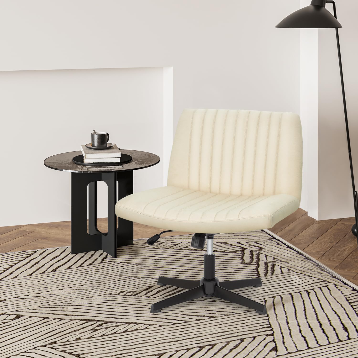 Criss Cross Chair, Armless Cross Legged Wide Comfty Desk Chair with No Wheels Modern Height Adjustable, Swivel Fabric Vanity Chair