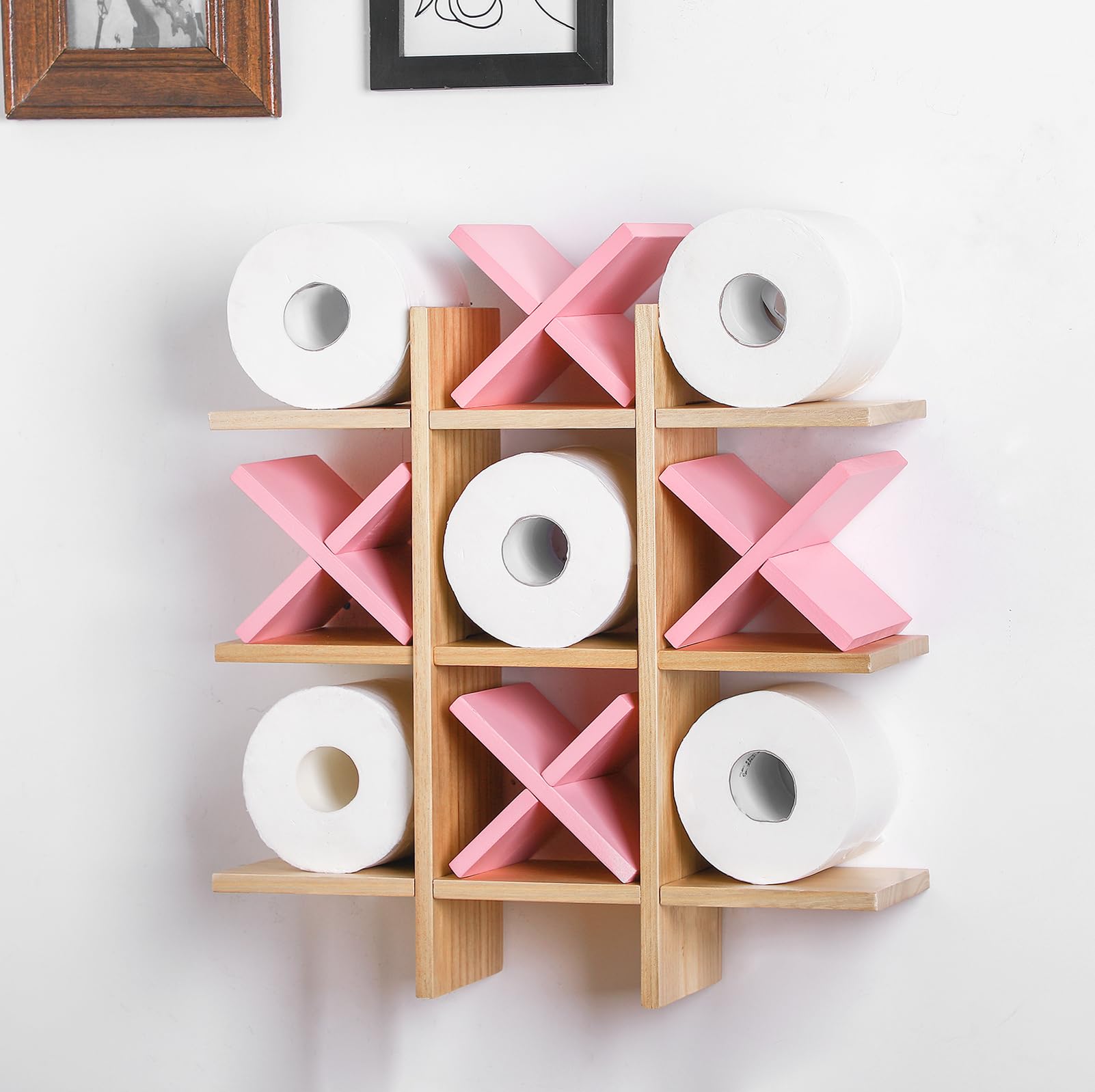 Tic Tac Toe Toilet Paper Holder Stand Bathroom Wall Decor Rustic Wooden Hanging Storage Freestanding Wall Mounted Shelves Decor