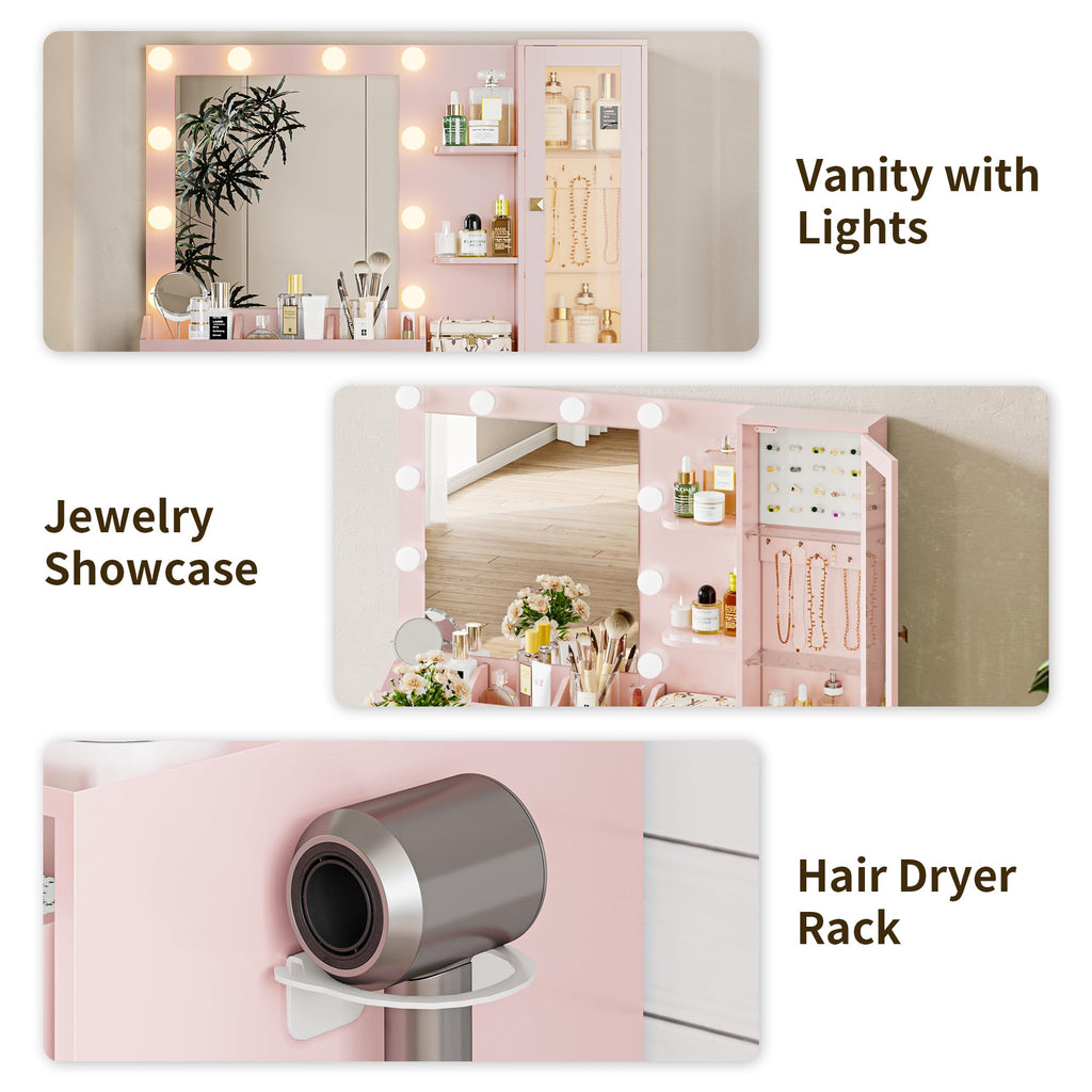 Vanity Desk with Mirror and Lights, Pink Makeup Vanity with 5 Drawers Hidden Jewelry Organizer& LED Glass Cabinet, 3 Lights Mode and Brightness Adjusted,Vanity Mirror with Lights Desk and Chair