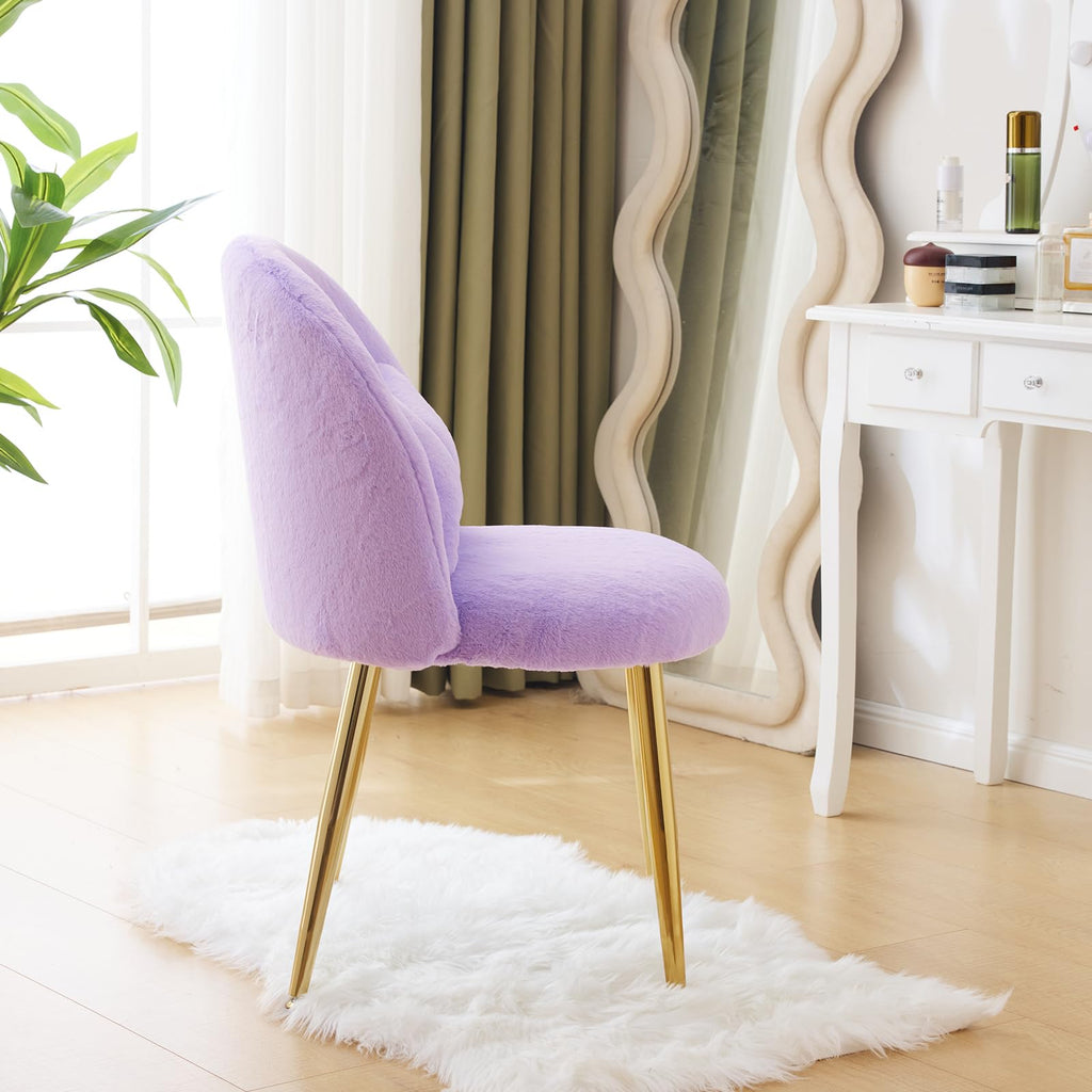 Cute, non-wheeled desk chair with backrest, fluffy cushion, cozy makeup chair with adjustable golden legs