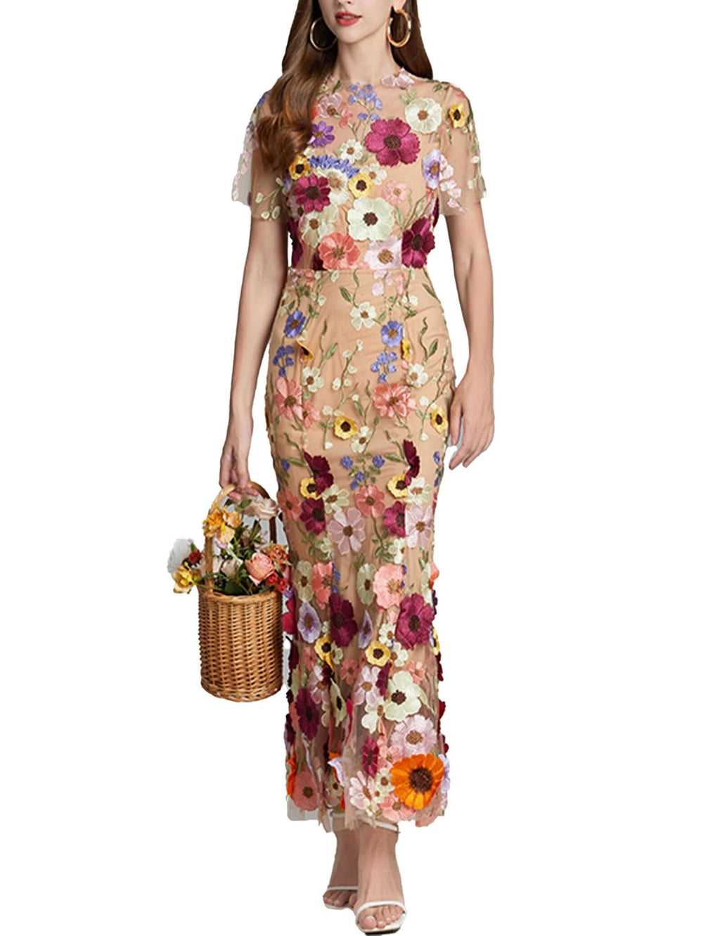 Women's 3D Floral Embroidery Dress Sheer Mesh Round Neck Lace Bodycon Party Cocktail Maxi Dress Short Sleeves