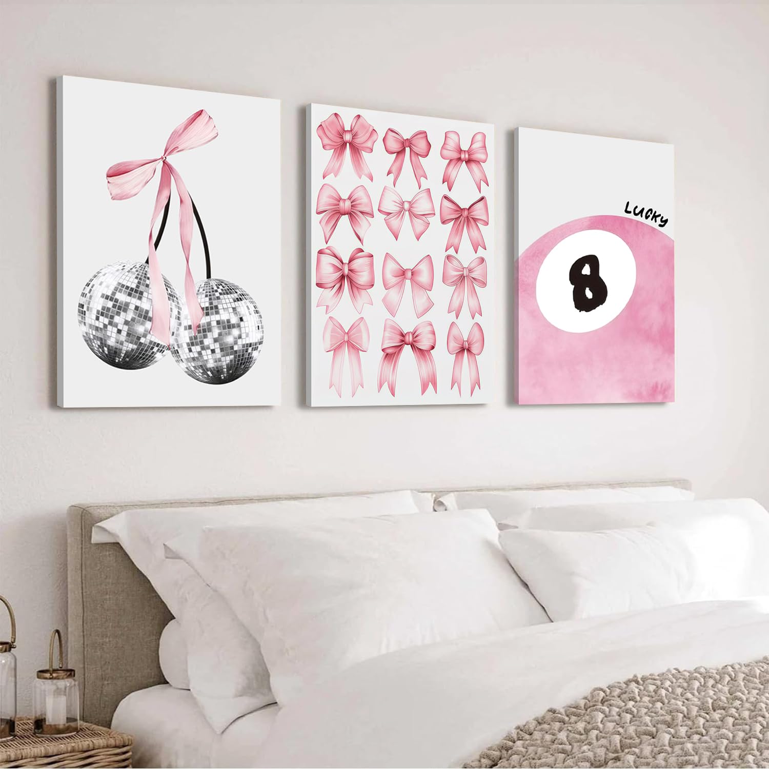 Trendy Blue Wall Art Set of 3, Preppy Navy Blue Wall Decor, Coquette Disco Lucky Me 8 Ball Poster Canvas Prints Aesthetic Pictures Room Dorm