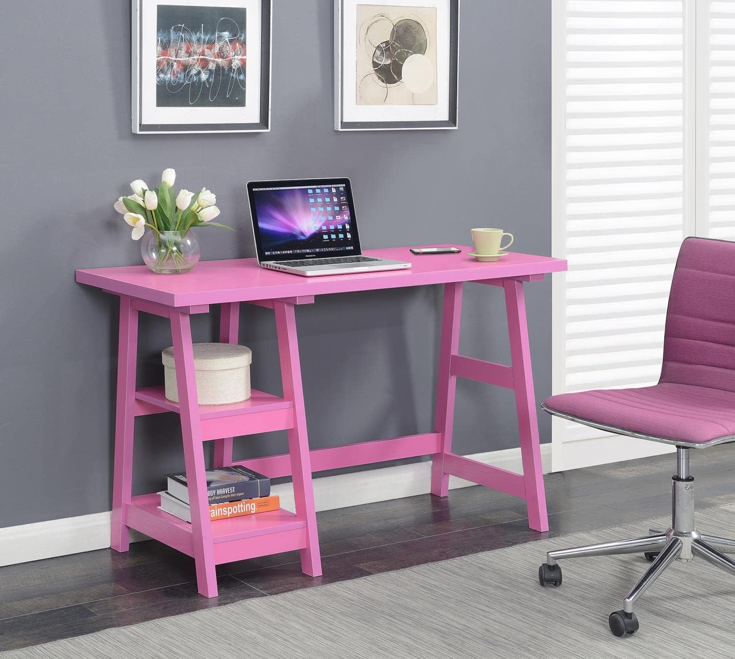 Pink Trestle Desk With Shelves, 47"