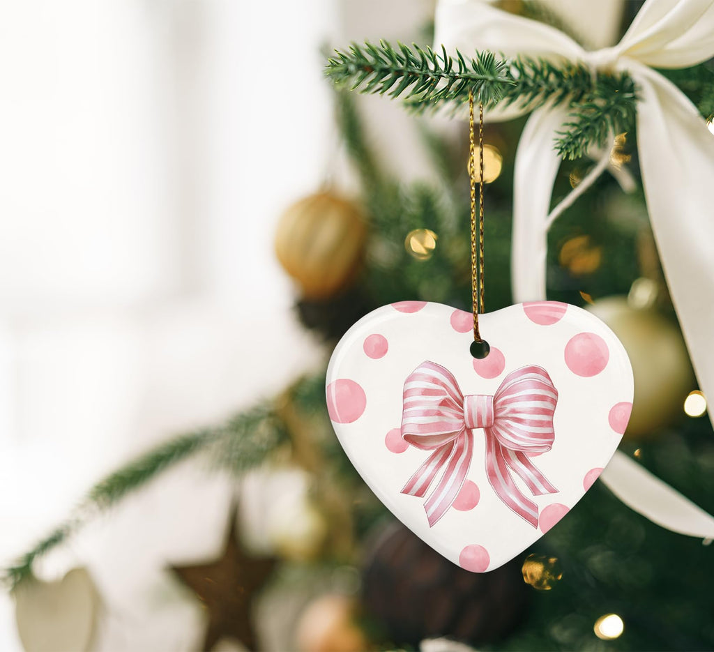 Coquette Trendy Pink Bow Ornament, Keepsake Sign for Decoration, Ceramic Heart