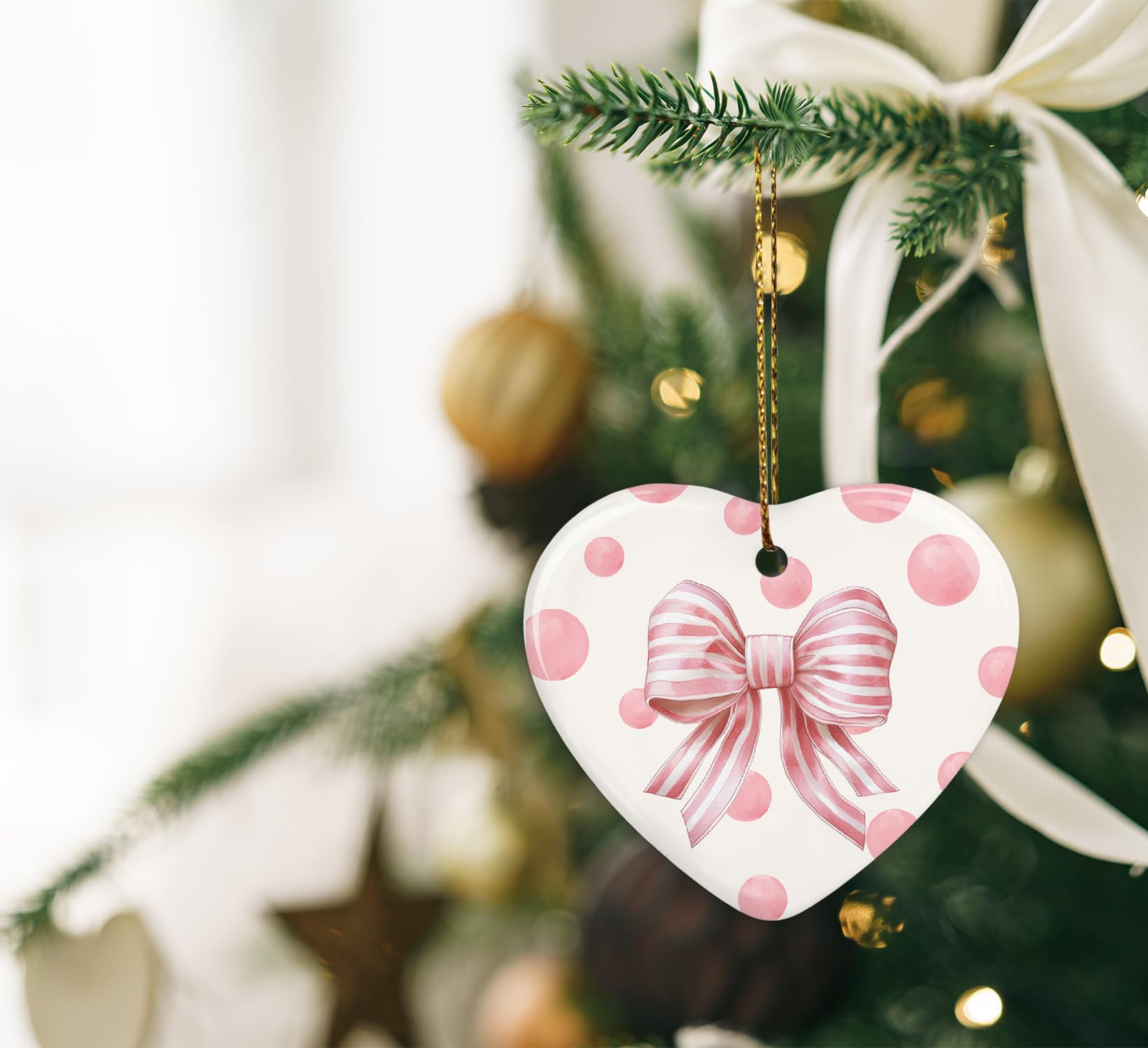 Coquette Trendy Pink Bow Ornament, Keepsake Sign for Decoration, Ceramic Heart
