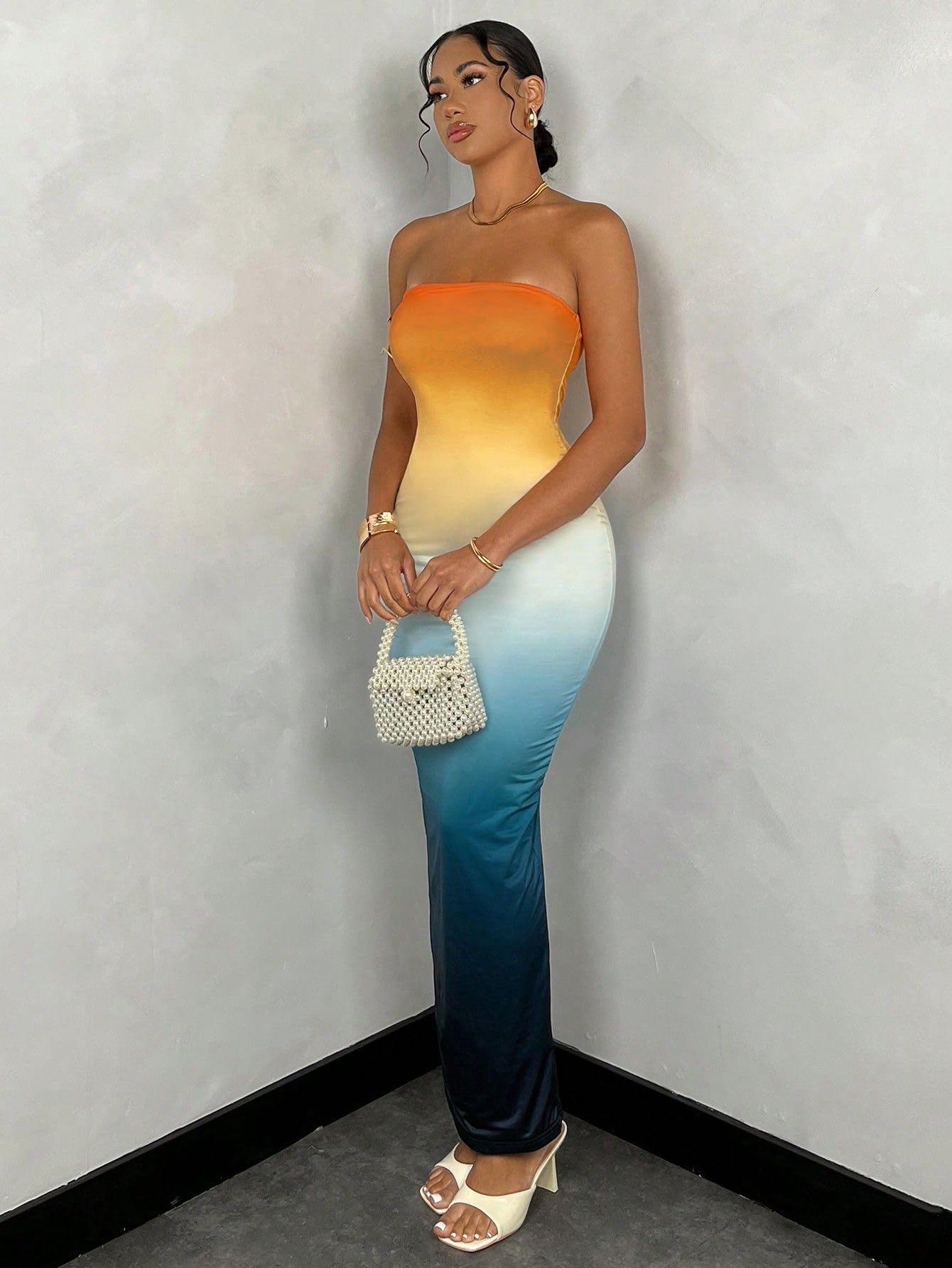 Women's Summer Gradient Strapless Tube Dress Bodycon Long Dress Side Slit Mesh Layered