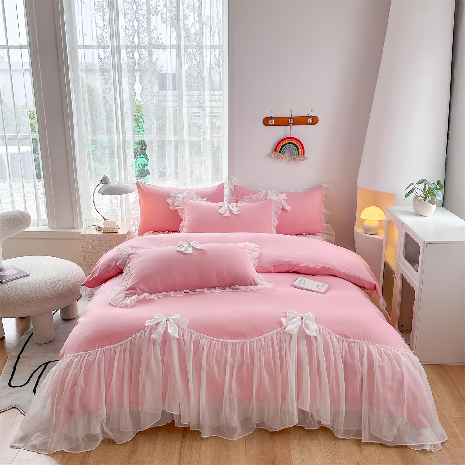 Girls Lace Bedding,Queen Comforter Cover Set, Chic Ruffled Duvet Cover with Lovely Bow,Princess Style 1 Duvet Cover with 2 Pillowcases, No Comforter-Hot Pink,Full Size
