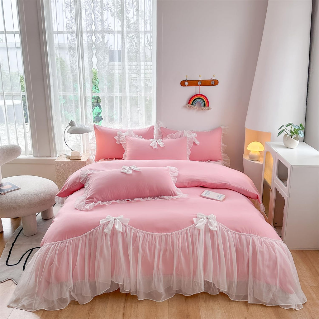 Girls Lace Bedding,Queen Comforter Cover Set, Chic Ruffled Duvet Cover with Lovely Bow,Princess Style 1 Duvet Cover with 2 Pillowcases, No Comforter-Hot Pink,Full Size