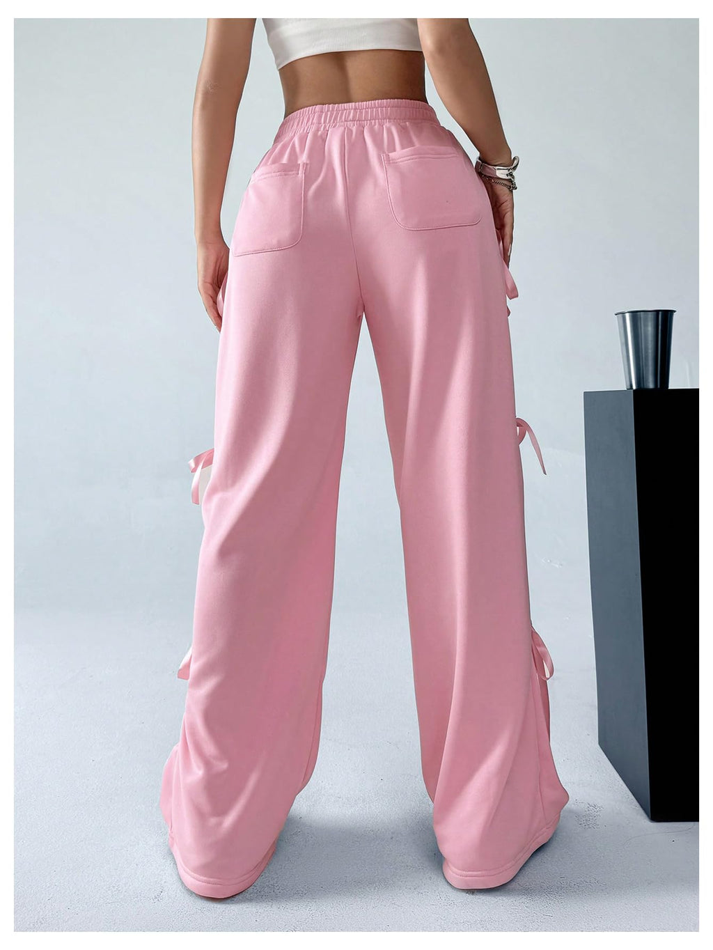 Women's Bow Wide Leg Sweatpants Elastic Waist Casual Baggy Pants with Pocket