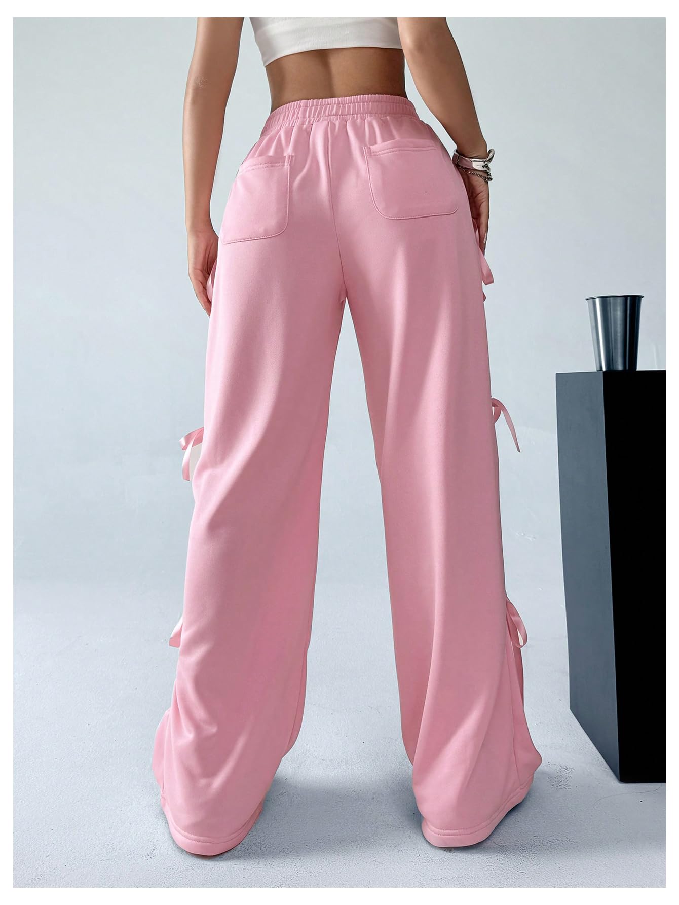 Women's Bow Wide Leg Sweatpants Elastic Waist Casual Baggy Pants with Pocket