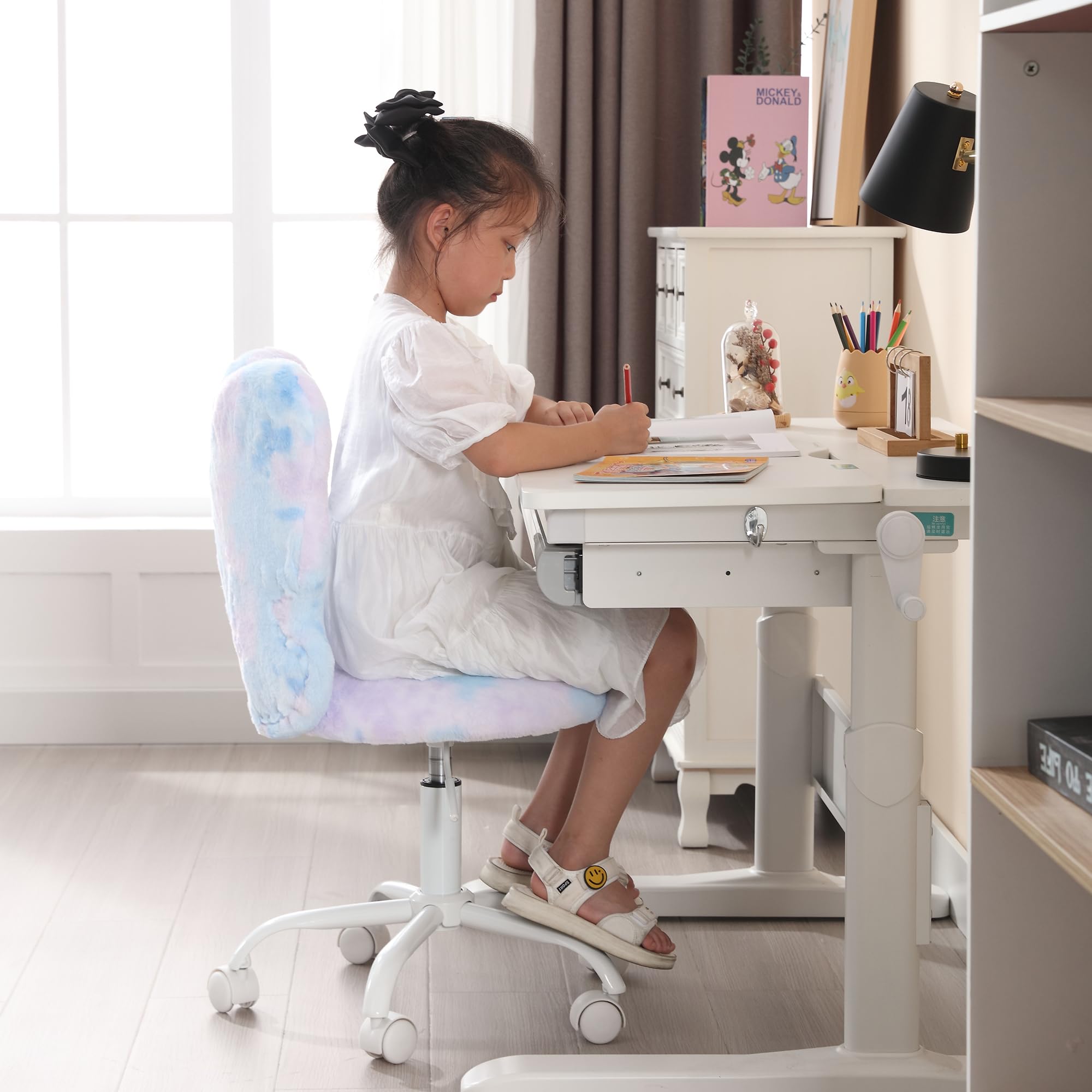 Kids Desk Chair Butterfly Faux Fur Study Chair Adjustable Vanity Chair, Small Cute Student Task Chair with White Foot