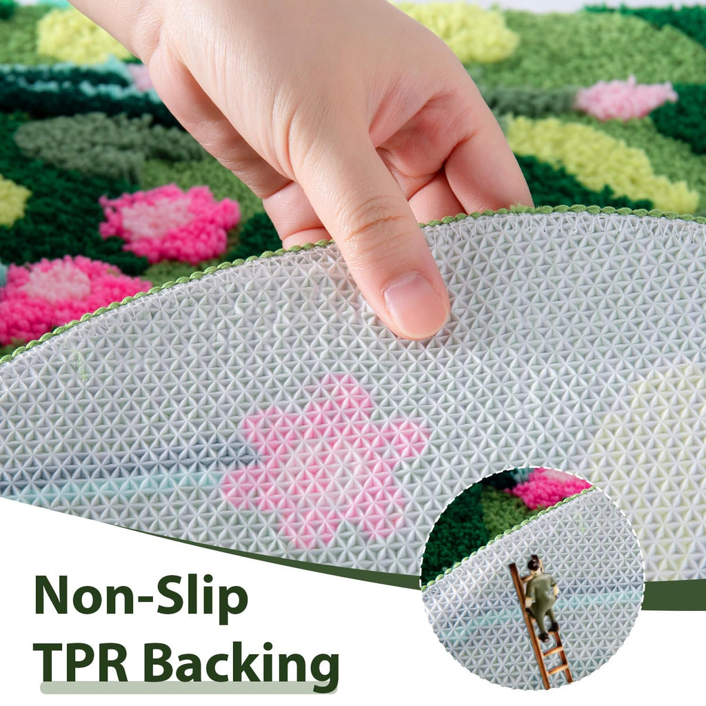 Green Moss Bathroom Rugs Bath Mat Non Slip, Ultra Soft Absorbent Aesthetic Decor Shaggy Tufted Flower Long Bath Rugs