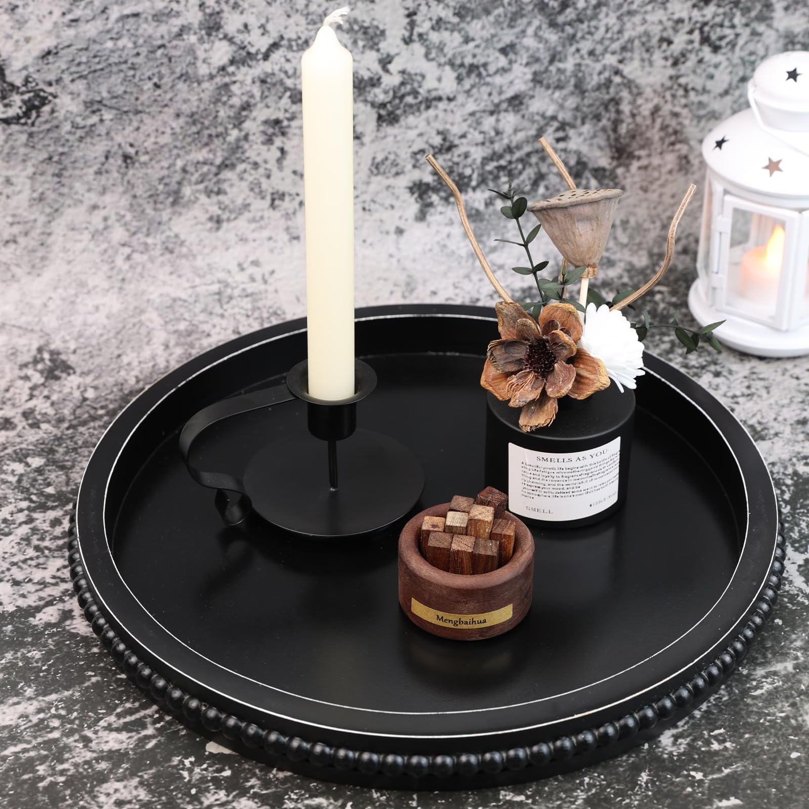 Round Wood Decorative Ottoman Tray for Coffee Table Kitchen Counter, Living Room, Handcrafted Wooden Serving Tray for Table Centerpiece